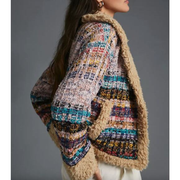 Anthropologie Cropped  Faux Shearling Fur Sherpa Cuffs Tweed Sweater Coat Size L - Picture 2 of 11